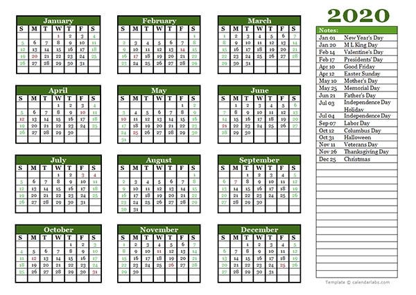 Editable 2020 Yearly Calendar Landscape Free Printable