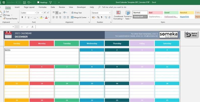 Excel Calendar Template 2021 Printable Spreadsheet
