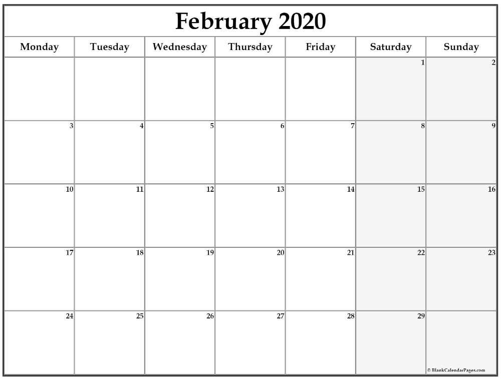 February 2020 Monday Calendar | Monday To Sunday In 2020