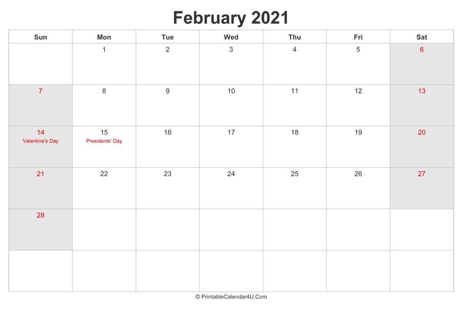 February 2021 Calendar With Us Holidays Highlighted