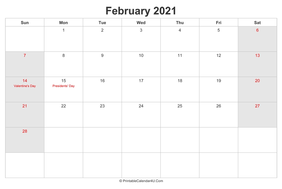 february 2021 calendar with us holidays highlighted