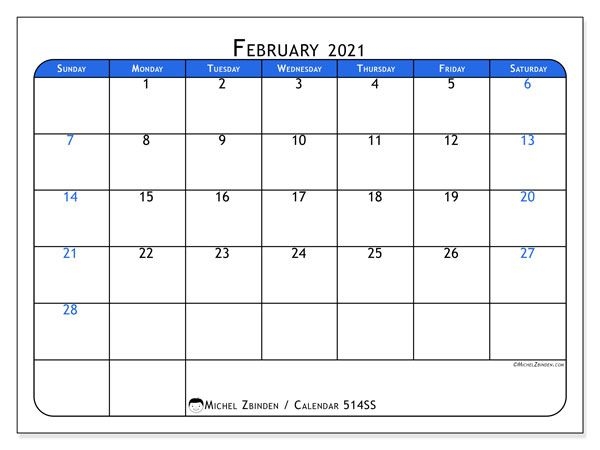 February 2021 Calendars "sunday Saturday" Michel