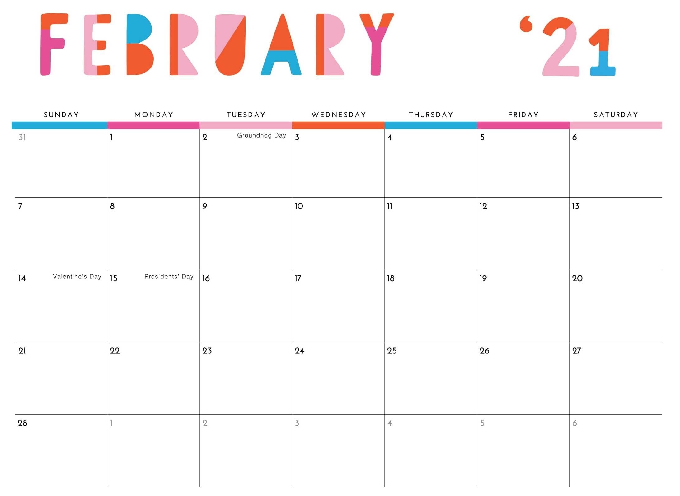 February 2021 Printable Calendar Pdf Monthly Worksheets