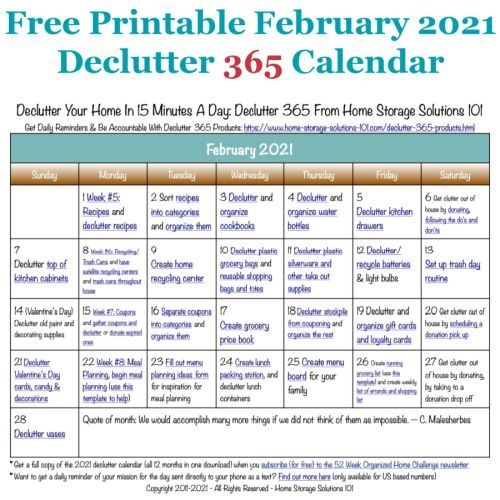 February Declutter Calendar: 15 Minute Daily Missions For