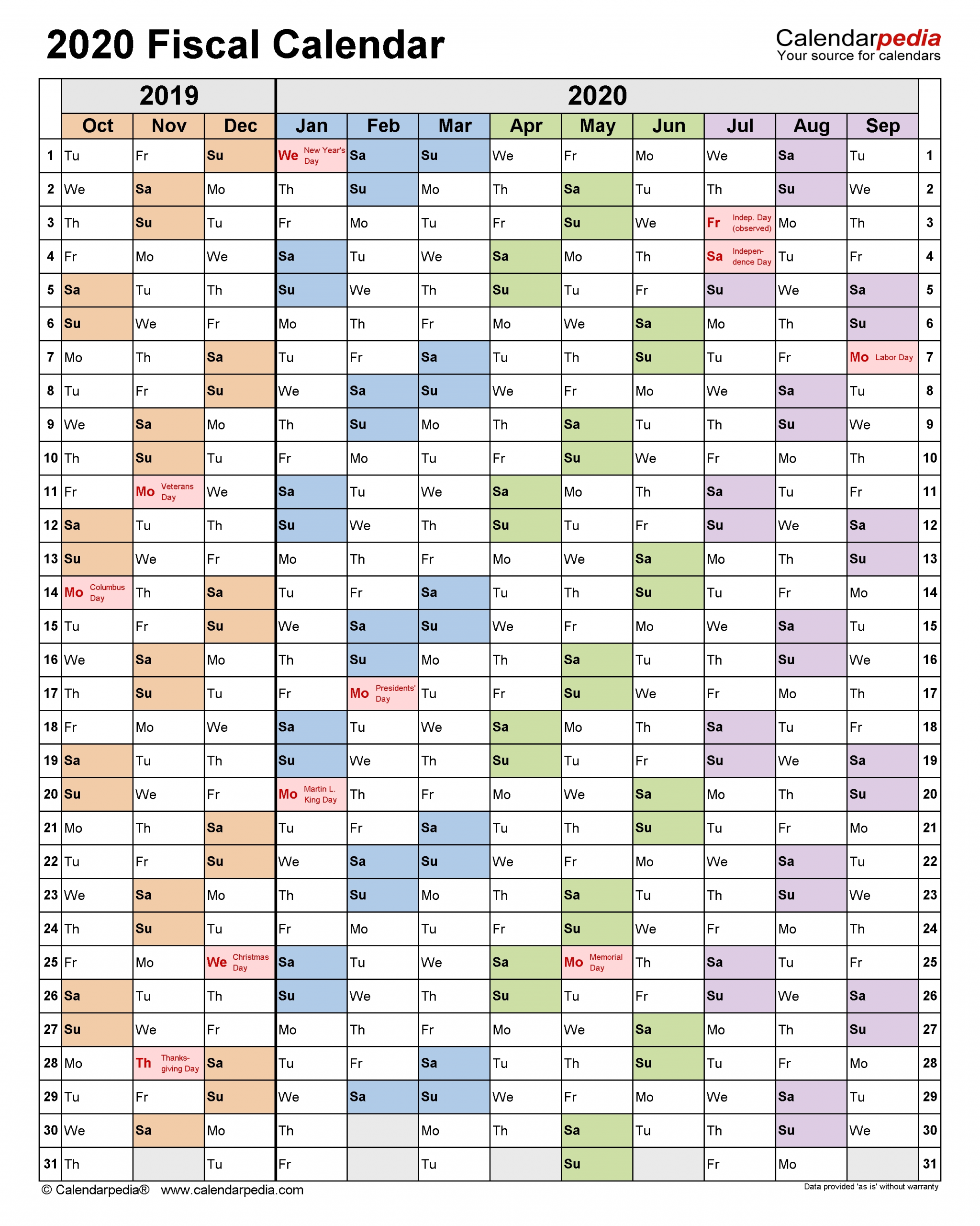 Fiscal Calendars 2020 Free Printable Pdf Templates