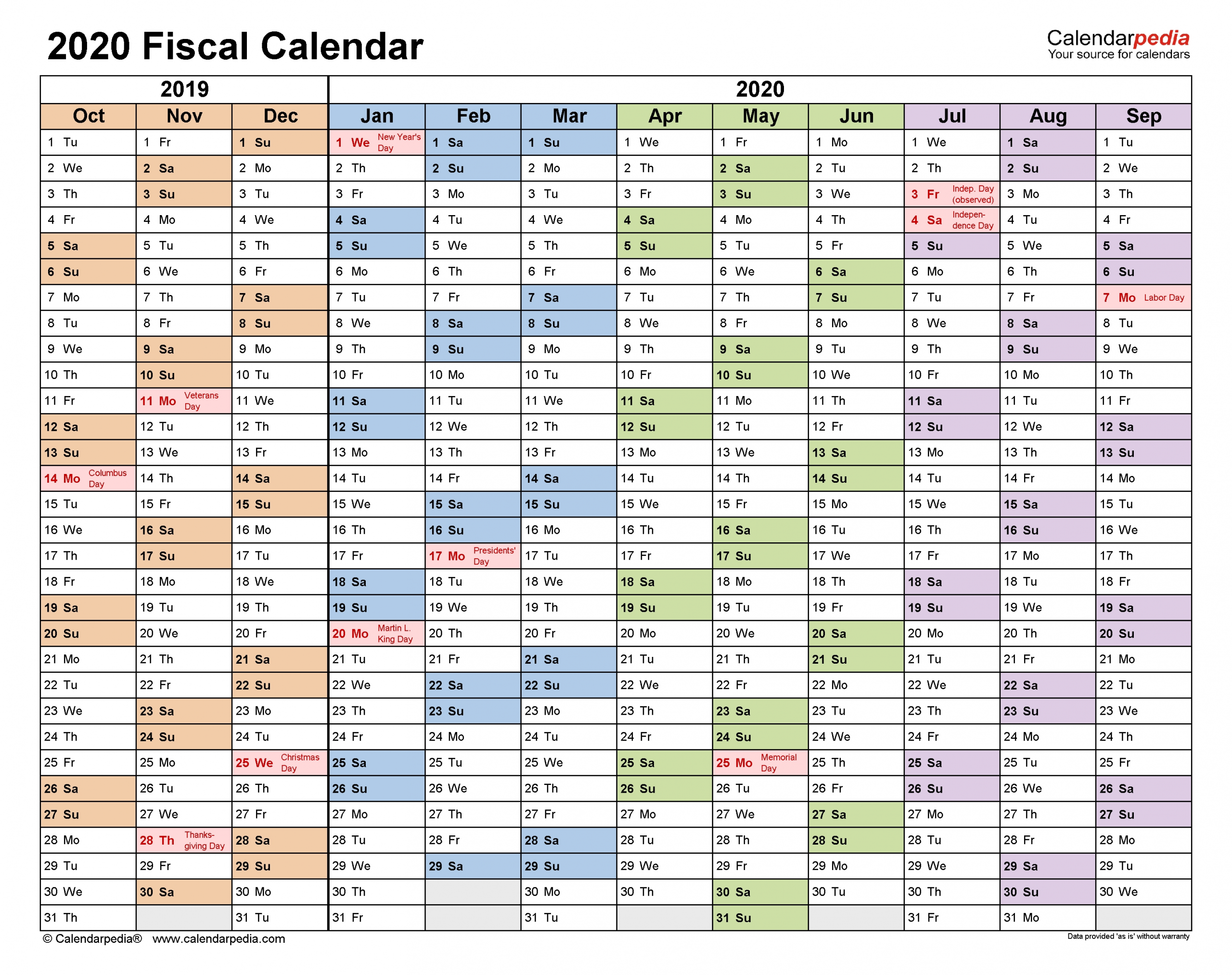 fiscal calendars 2020 free printable pdf templates