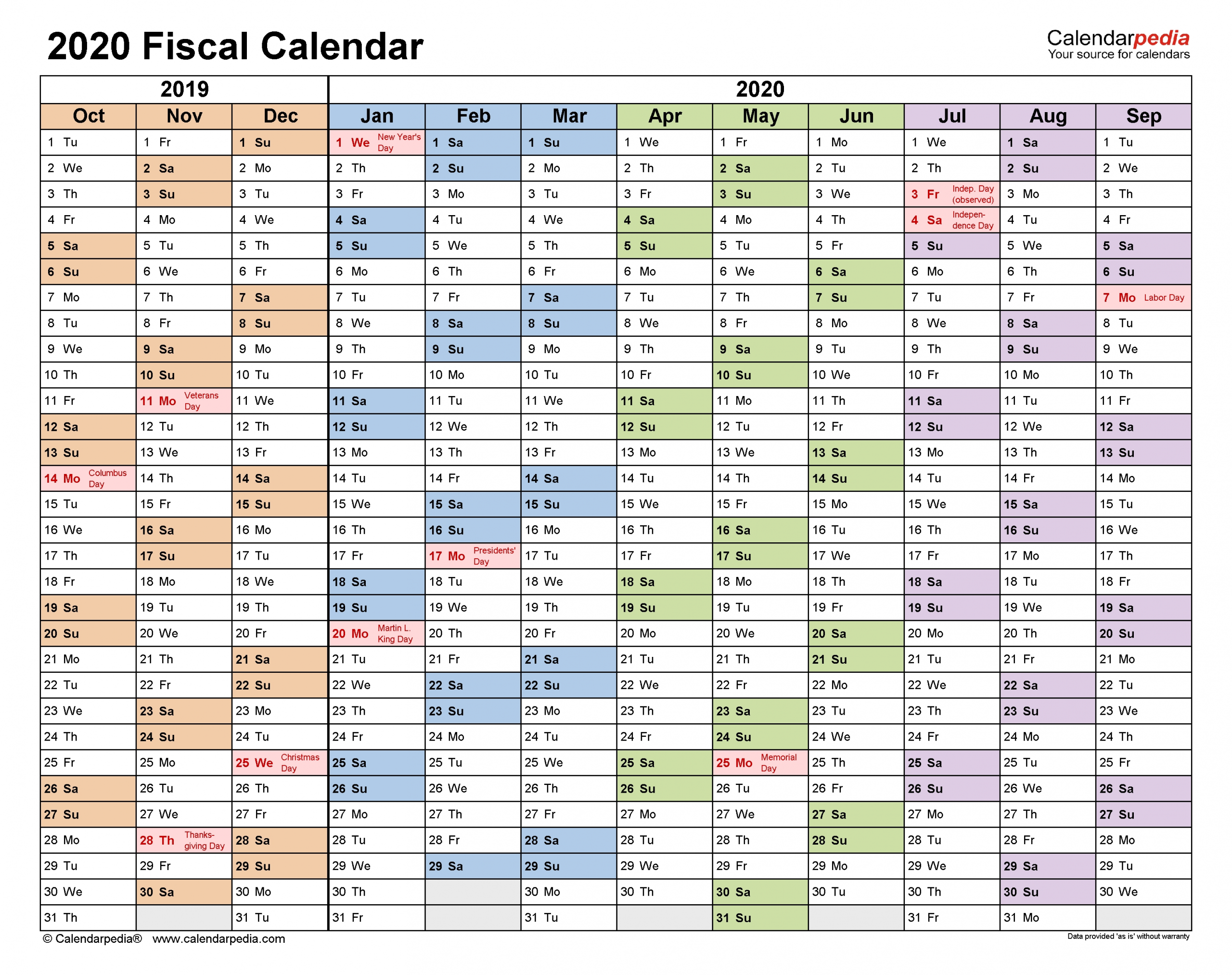 Fiscal Calendars 2020 Free Printable Pdf Templates