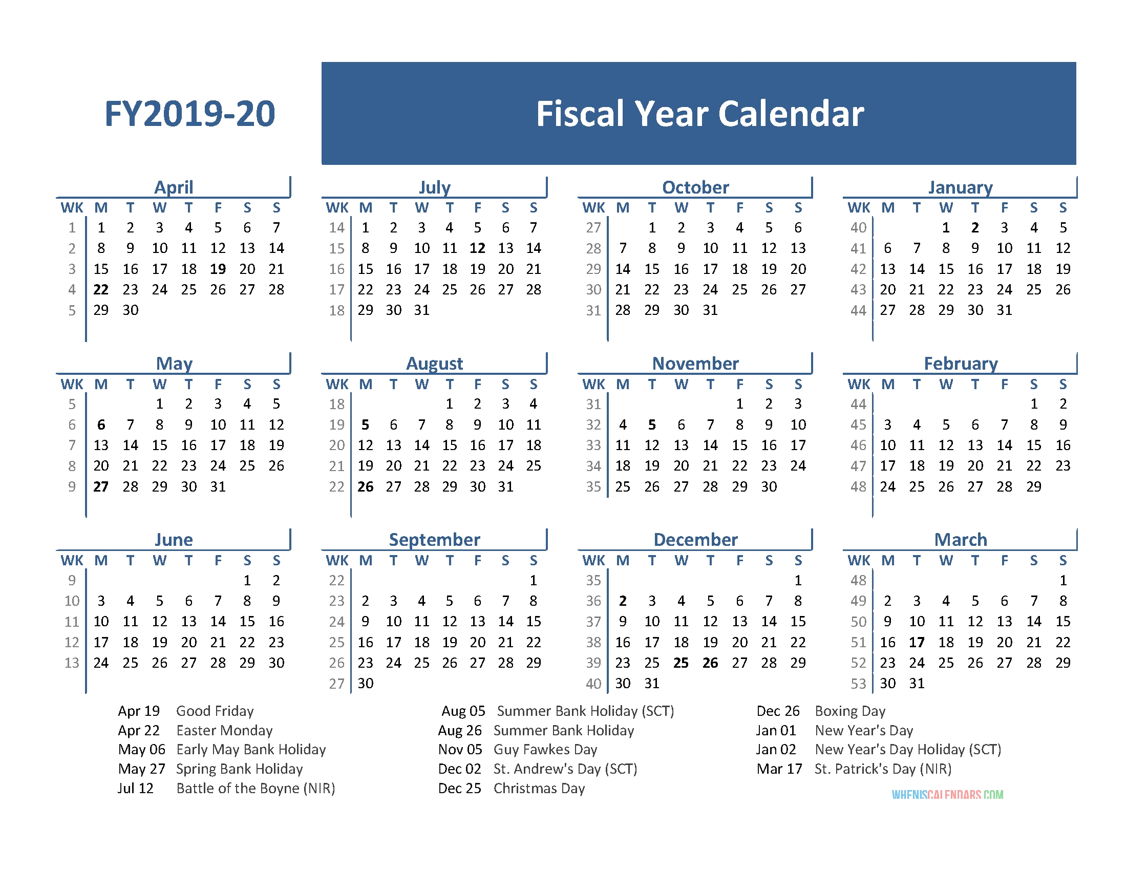 fiscal year calendar 2020 printable | example calendar