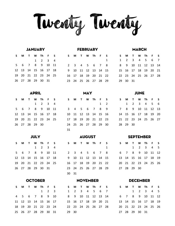 Free 2020 Calendar Printable One Page Lovely Planner