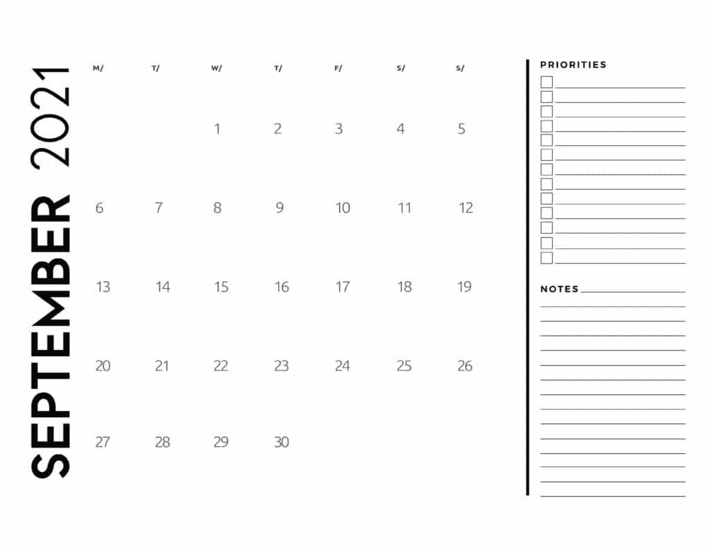 Free 2021 Calendar Priorities And Notes World Of Printables