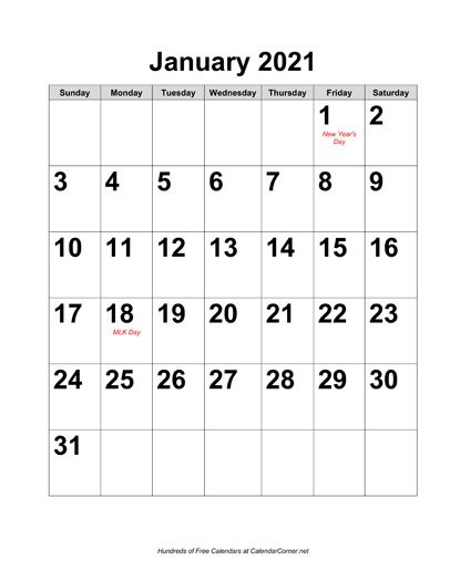 Free 2021 Large Number Calendar With Holidays