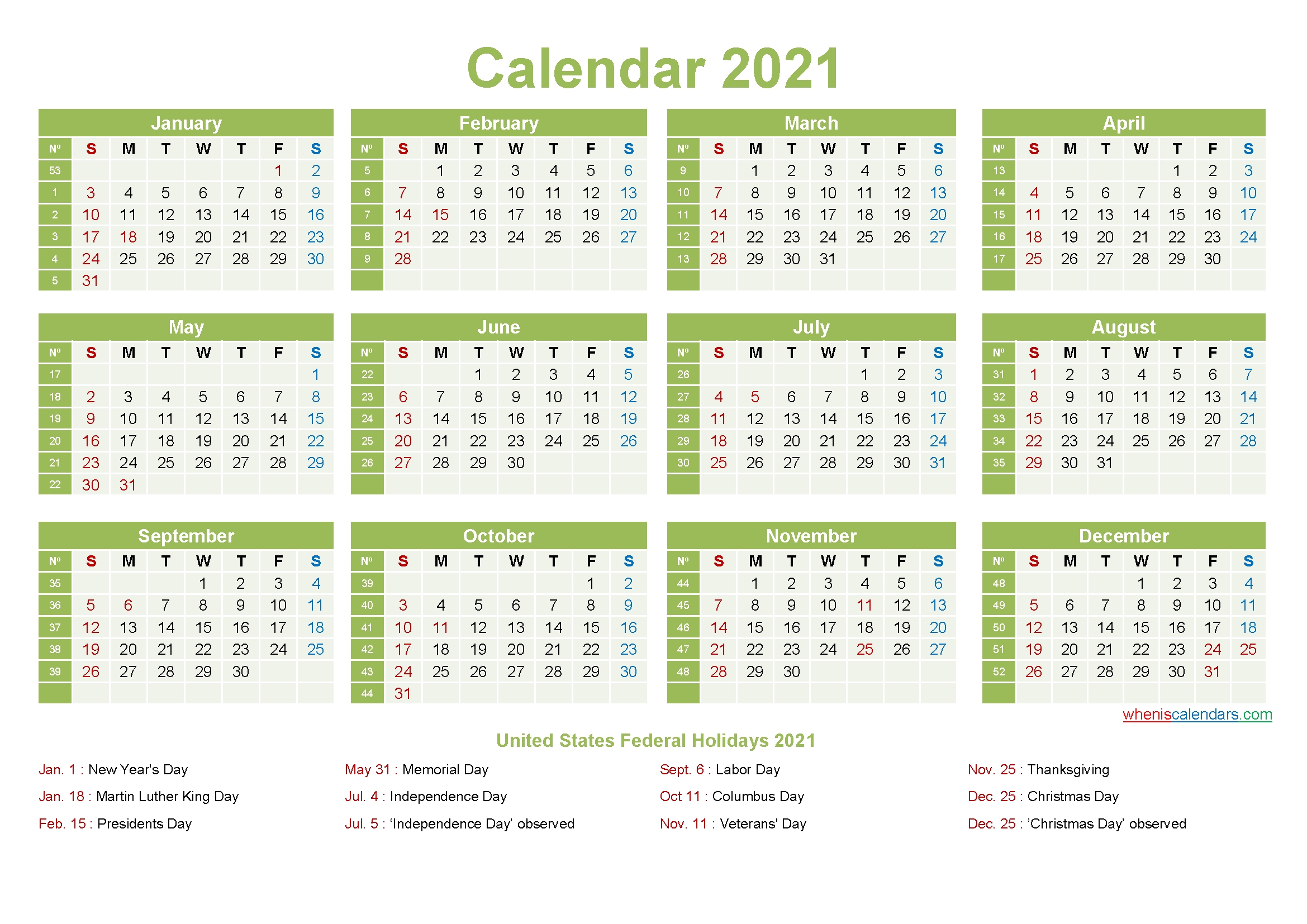 free 2021 printable calendar with holidays