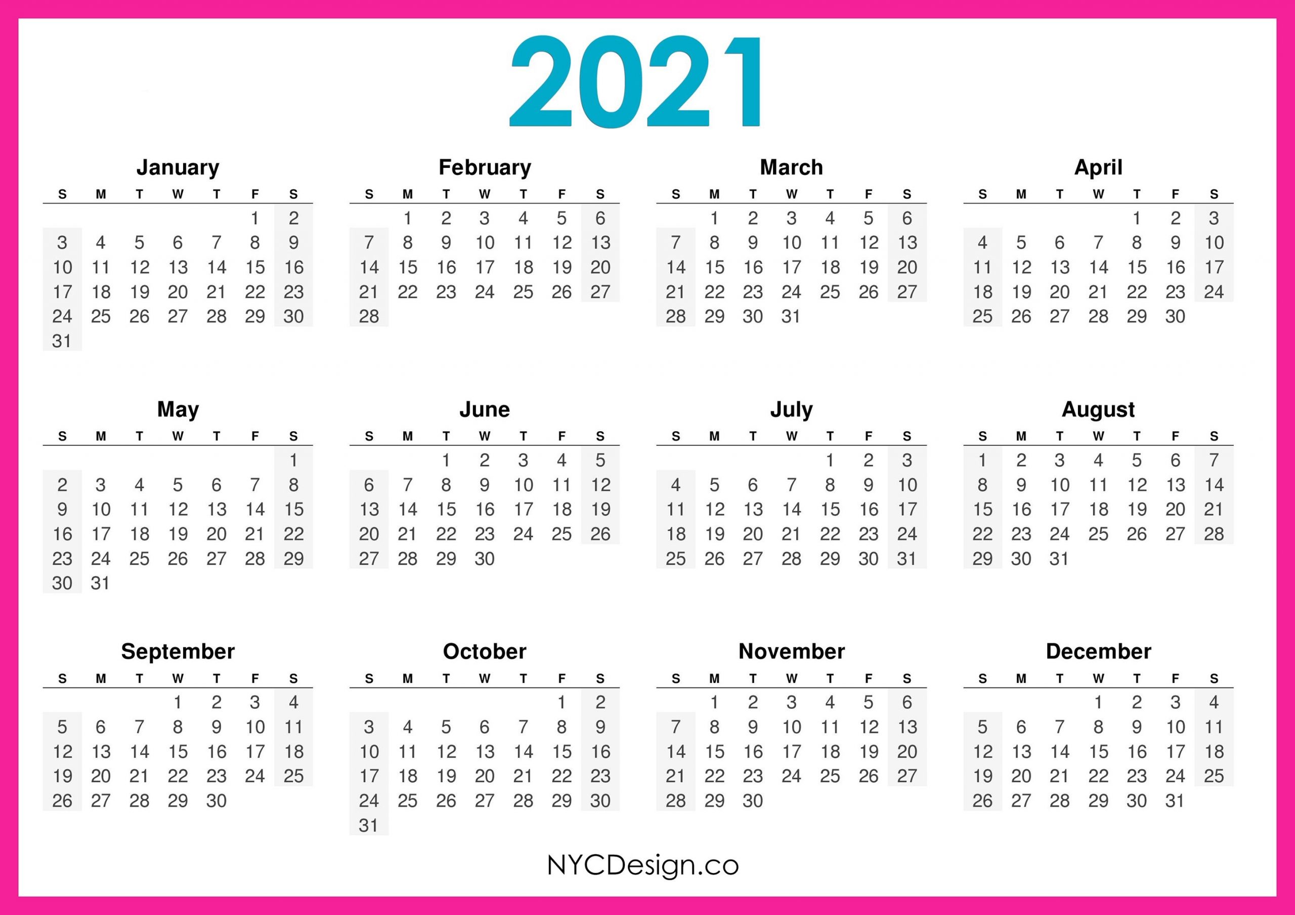 free 2021 yearly calender template / 12 month colorful