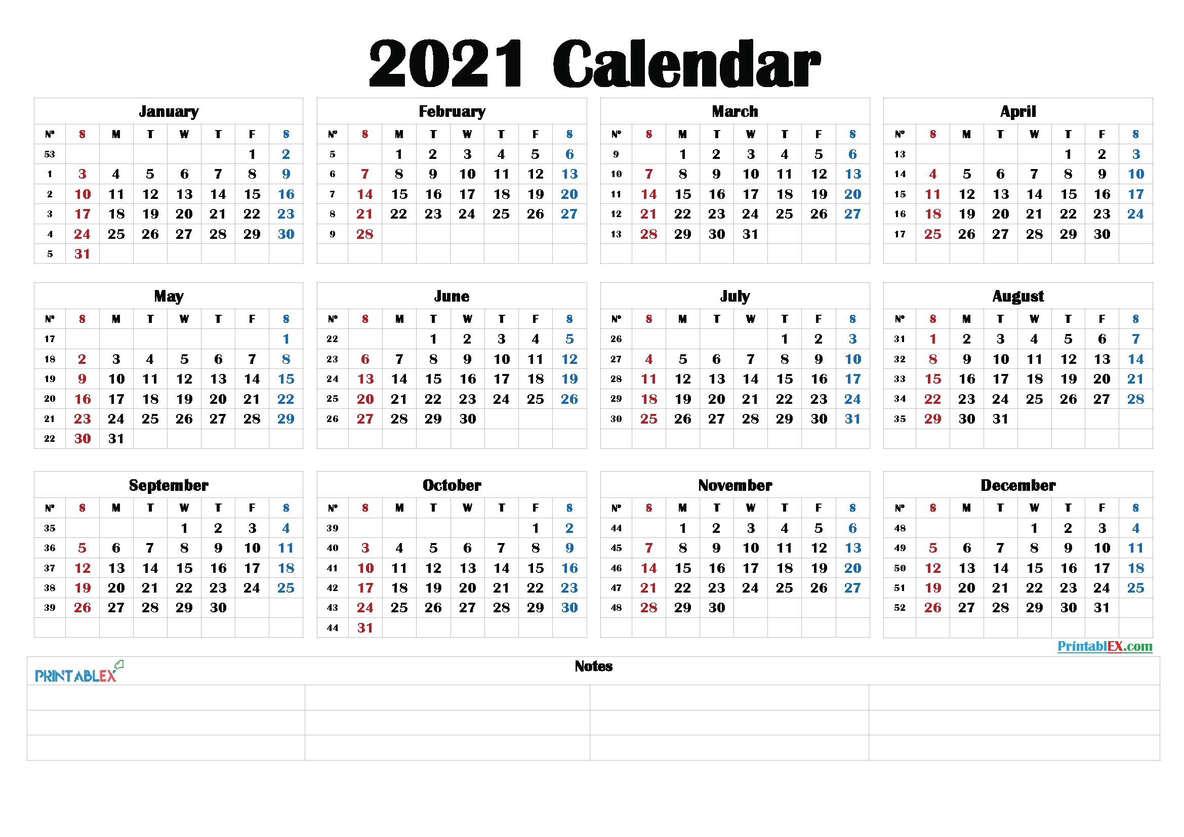 Free 2021 Yearly Calender Template : 2021 Printable Yearly