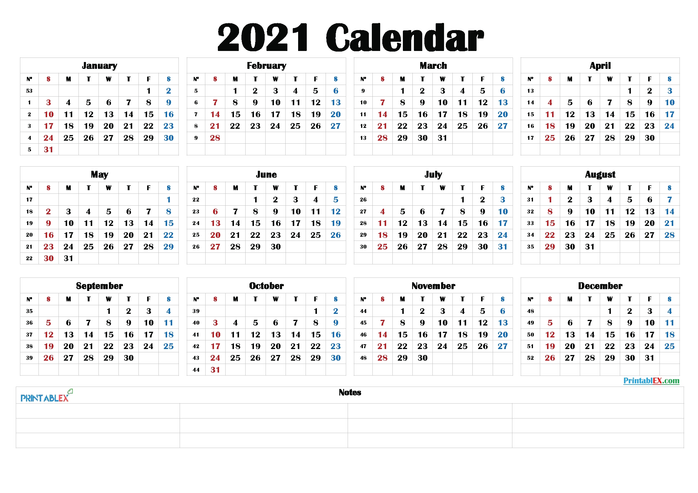 free 2021 yearly calender template : 2021 printable yearly