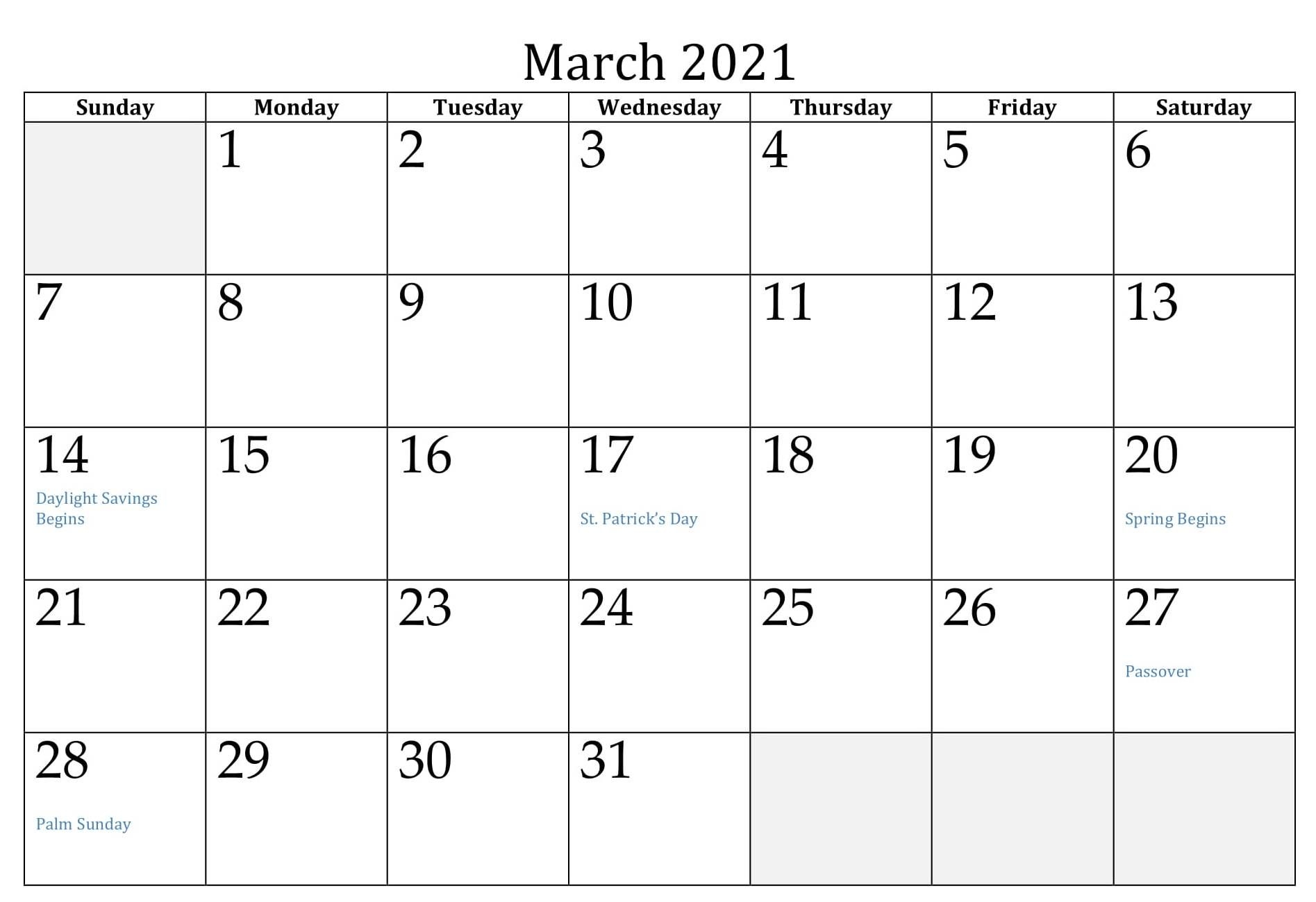 free calendar 2021 march printable notes template one