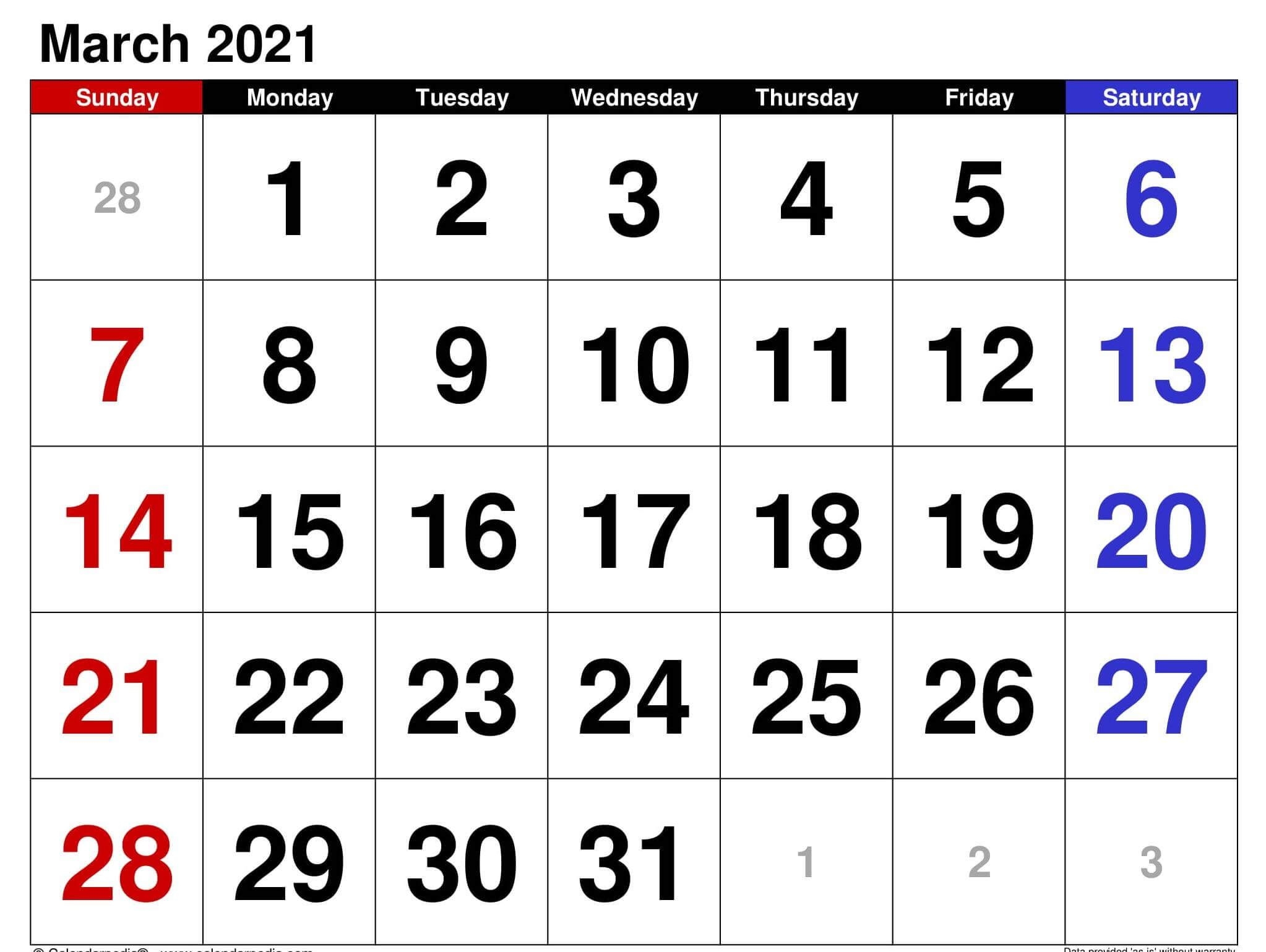 Free Calendar 2021 March Printable Notes Template One