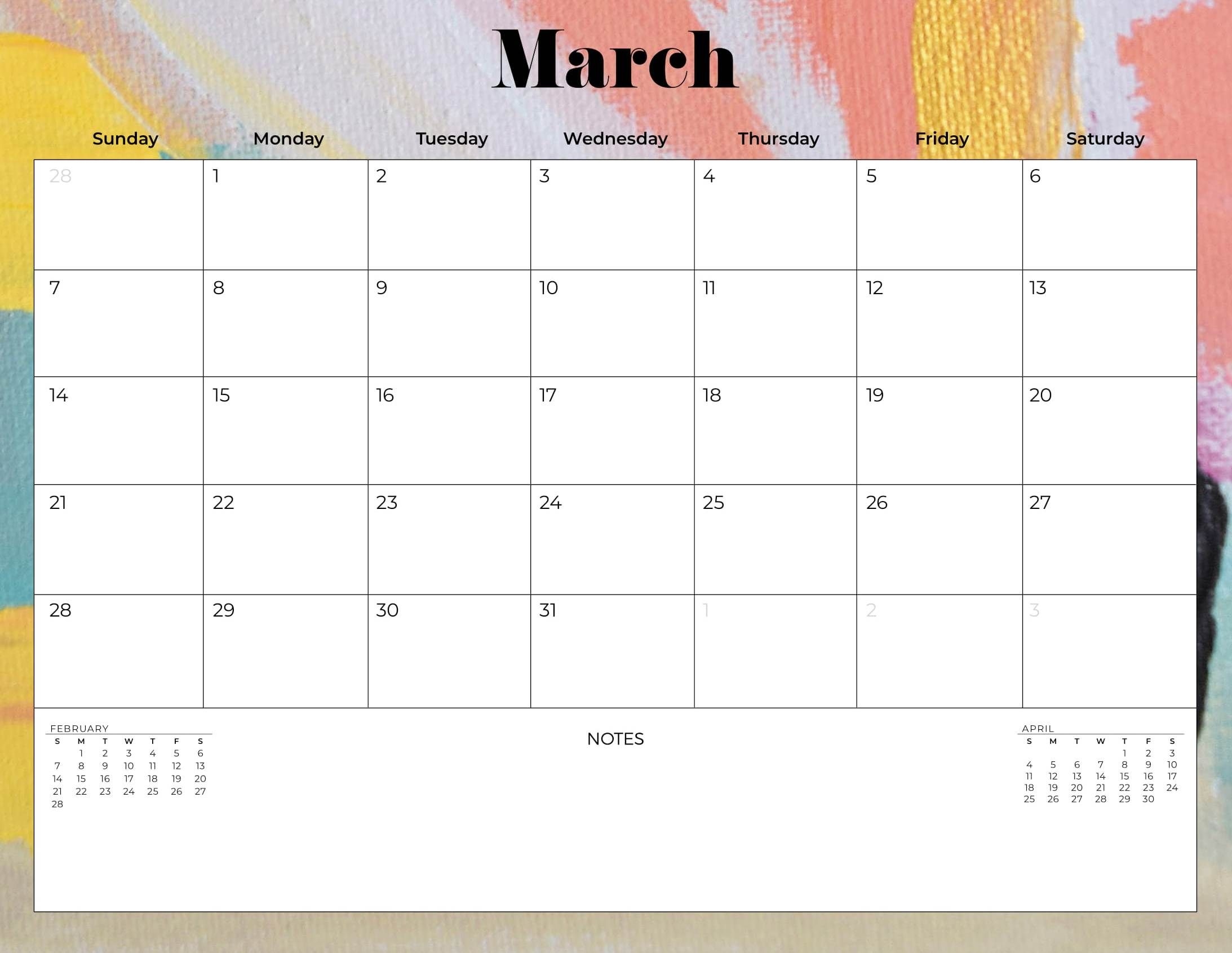 free calendar 2021 march printable notes template one