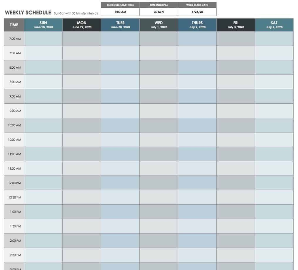 Free Daily Schedule 30 Minute Increments Example