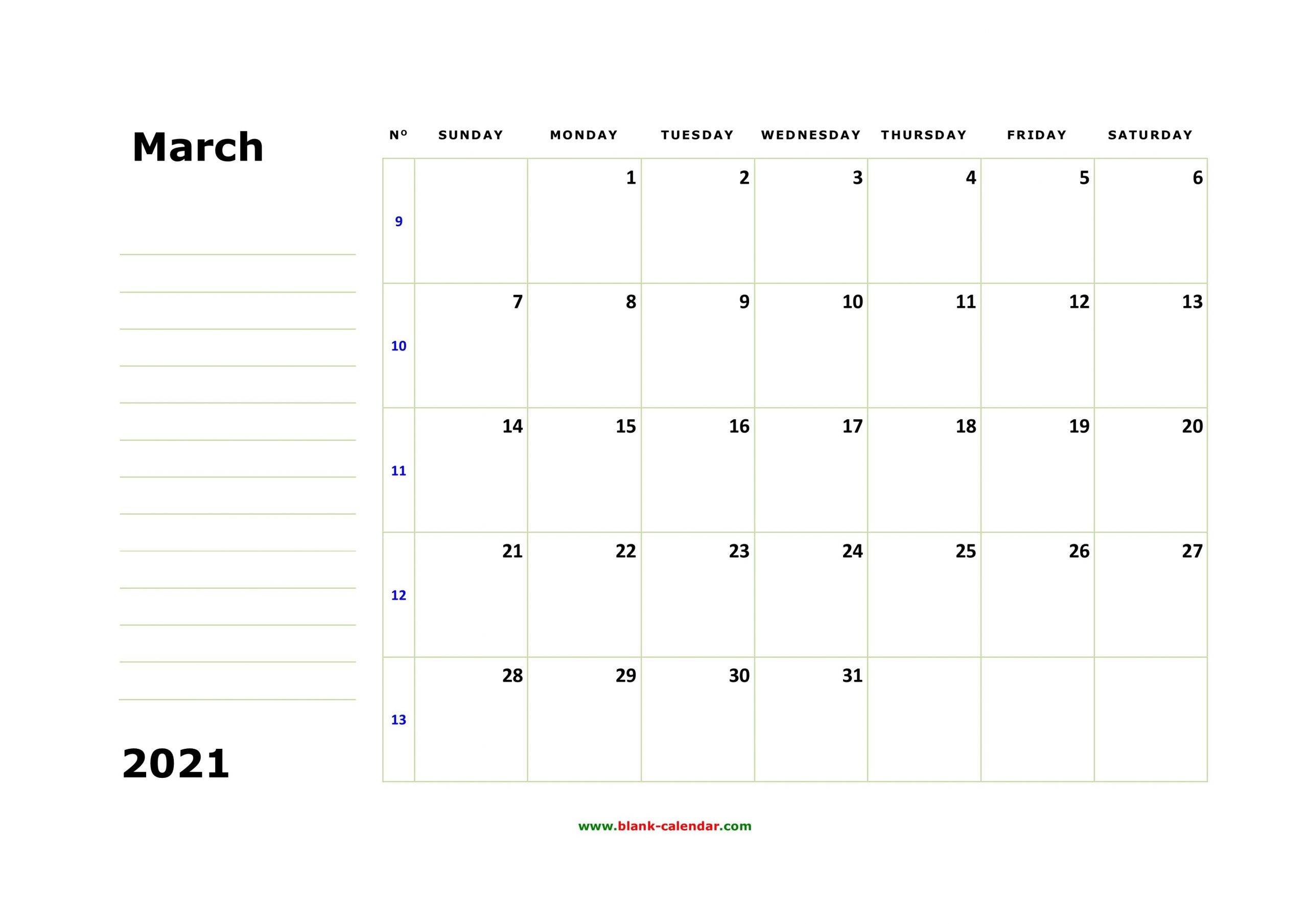 free download printable march 2021 calendar, large box