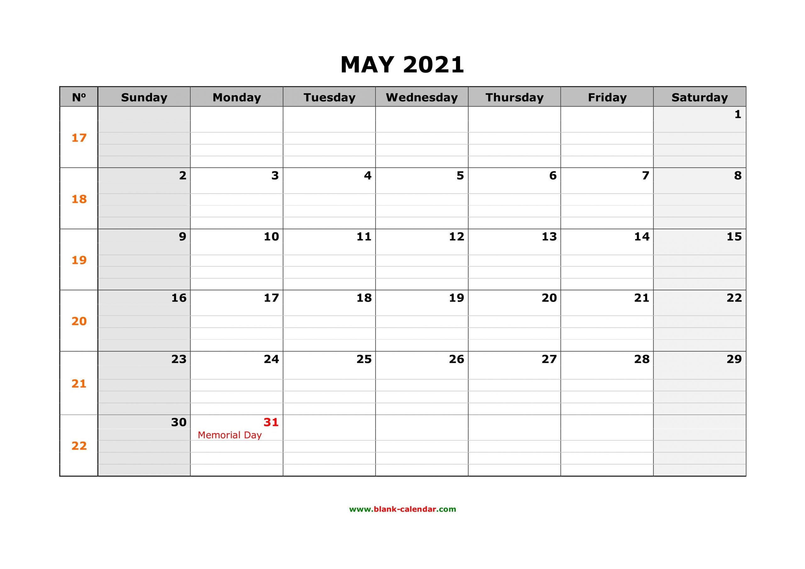 Free Download Printable May 2021 Calendar, Large Box Grid