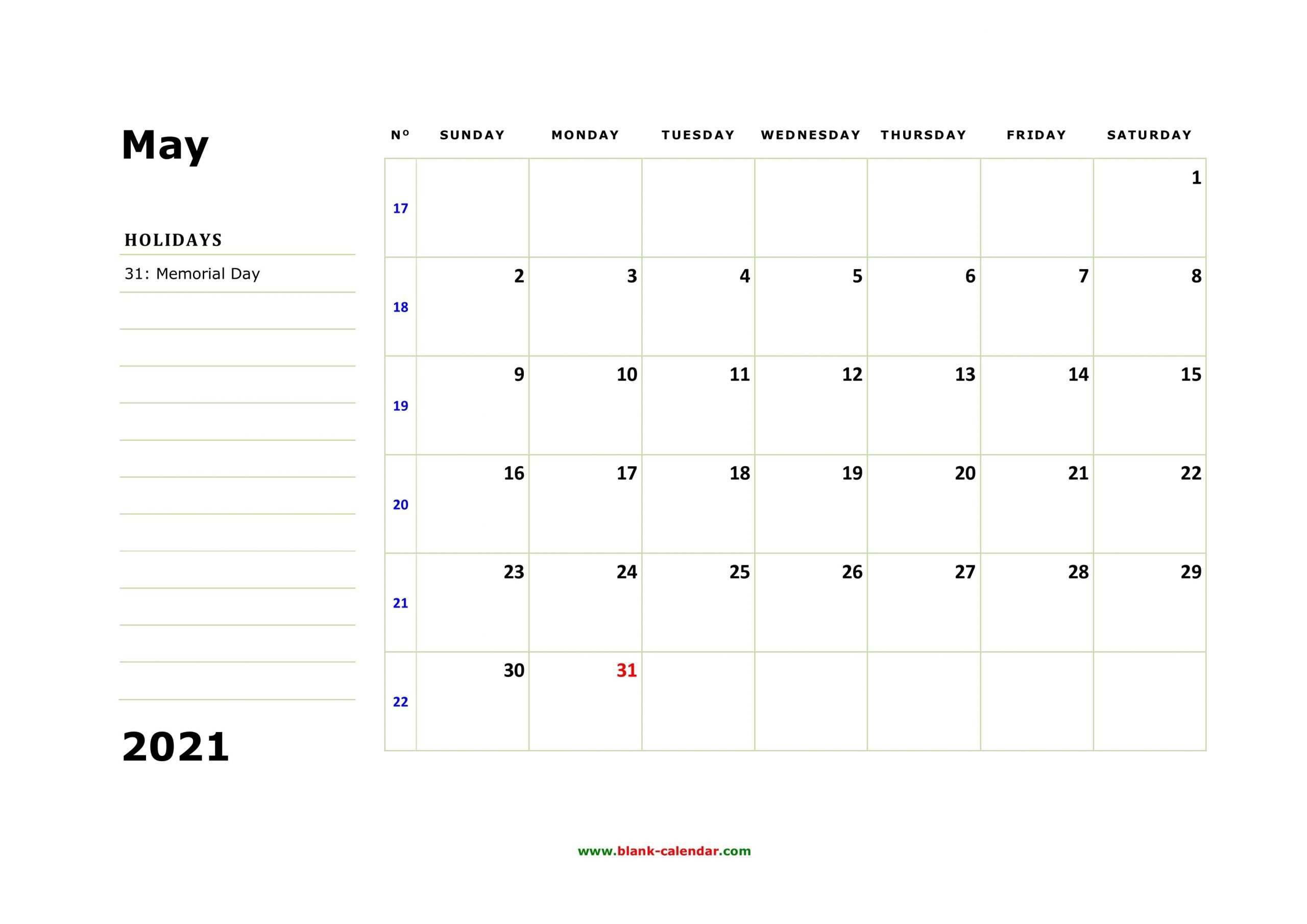 Free Download Printable May 2021 Calendar, Large Box