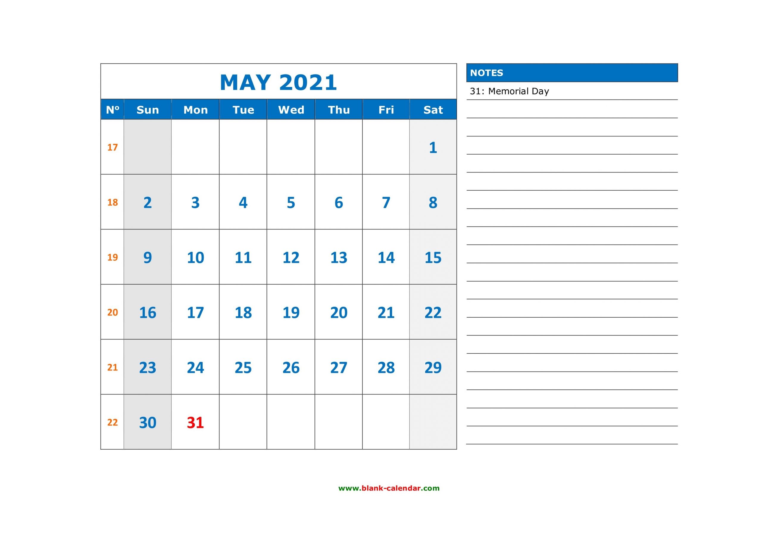 Free Download Printable May 2021 Calendar, Large Space For