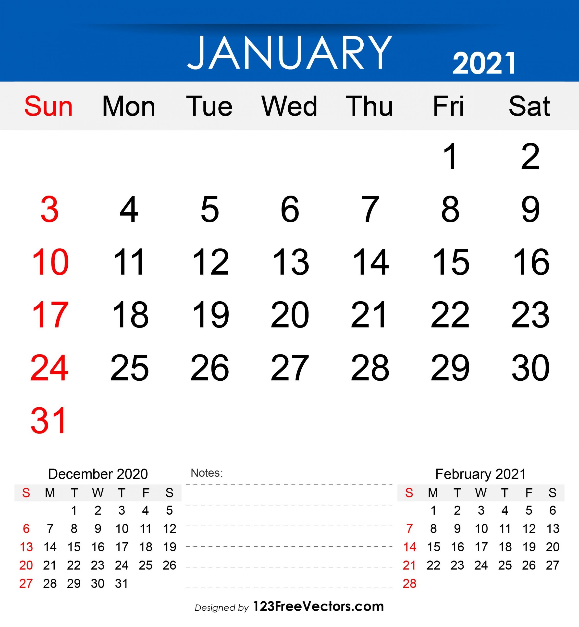 Free Free Printable January 2021 Calendar