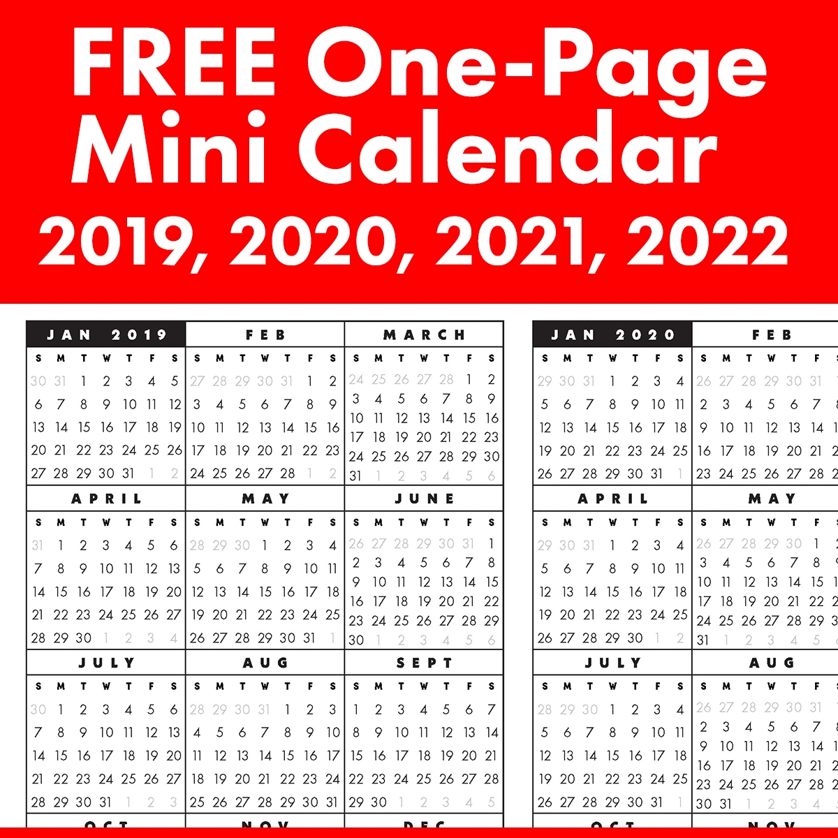 Free Full Year, Single Page 2019, 2020, 2021, 2022 At A