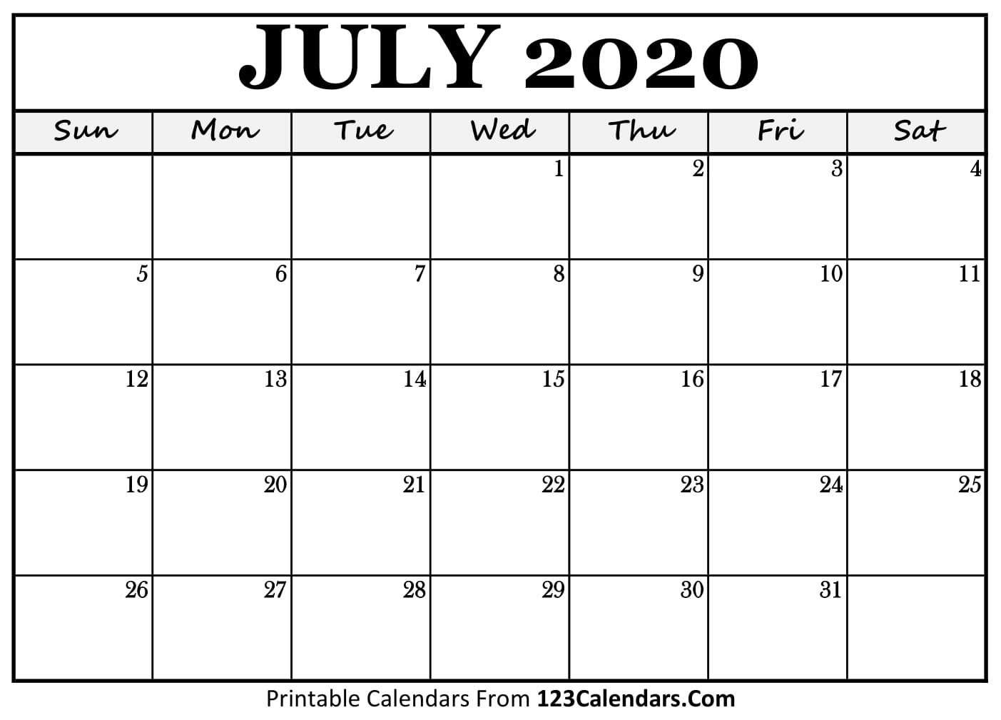 Free July 2020 Calendar | 123calendars