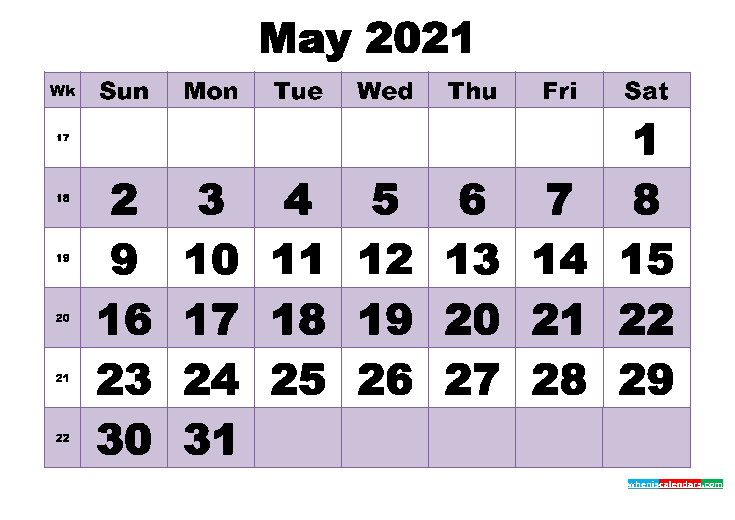 free may 2021 printable monthly calendar template