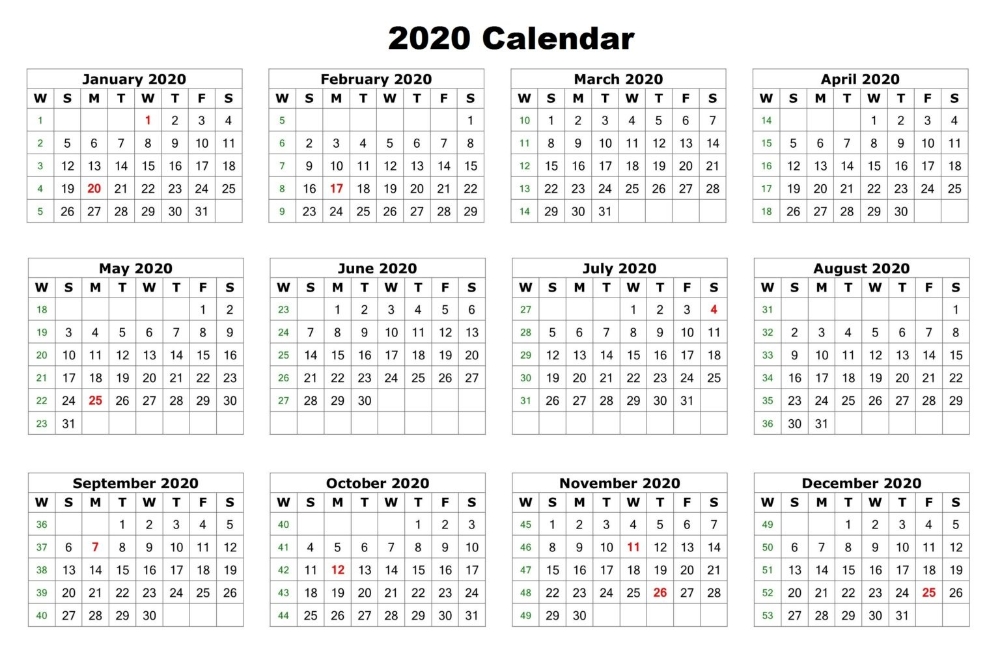 Free Printable 12 Month 2020 Calendar Template Word, Excel