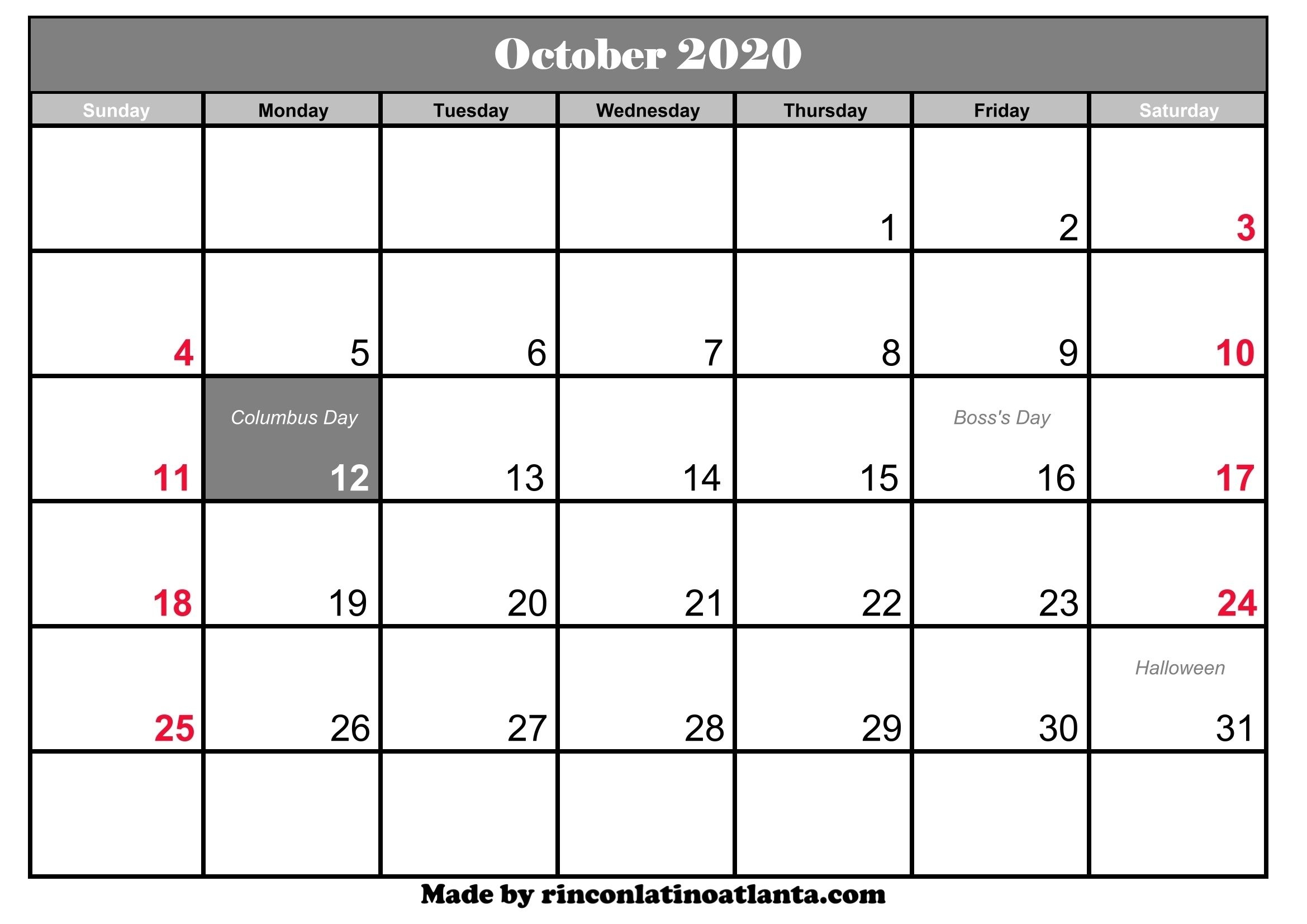 free printable 2020 calendar with space to write