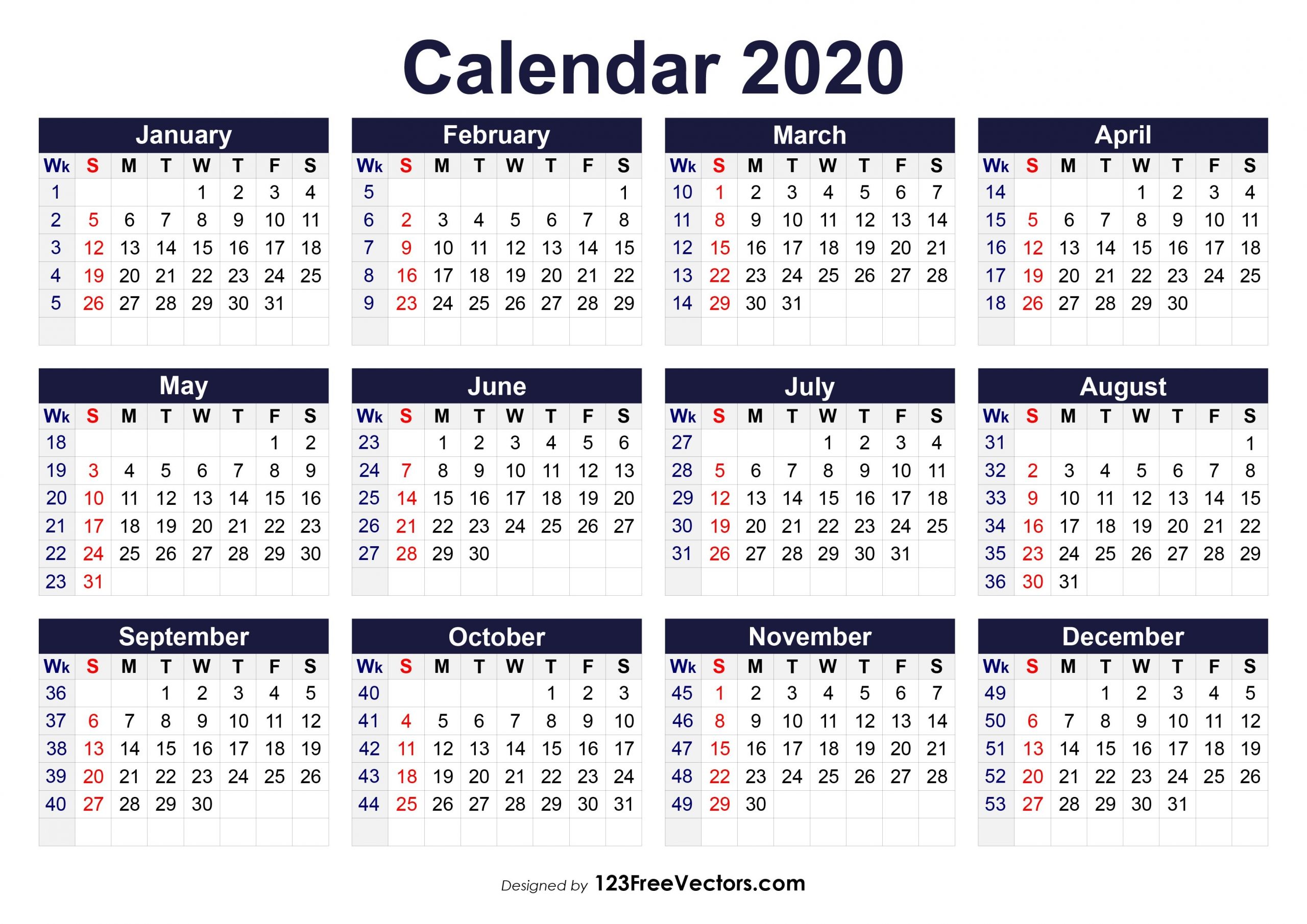 Free Printable 2020 Calendar With Week Numbers