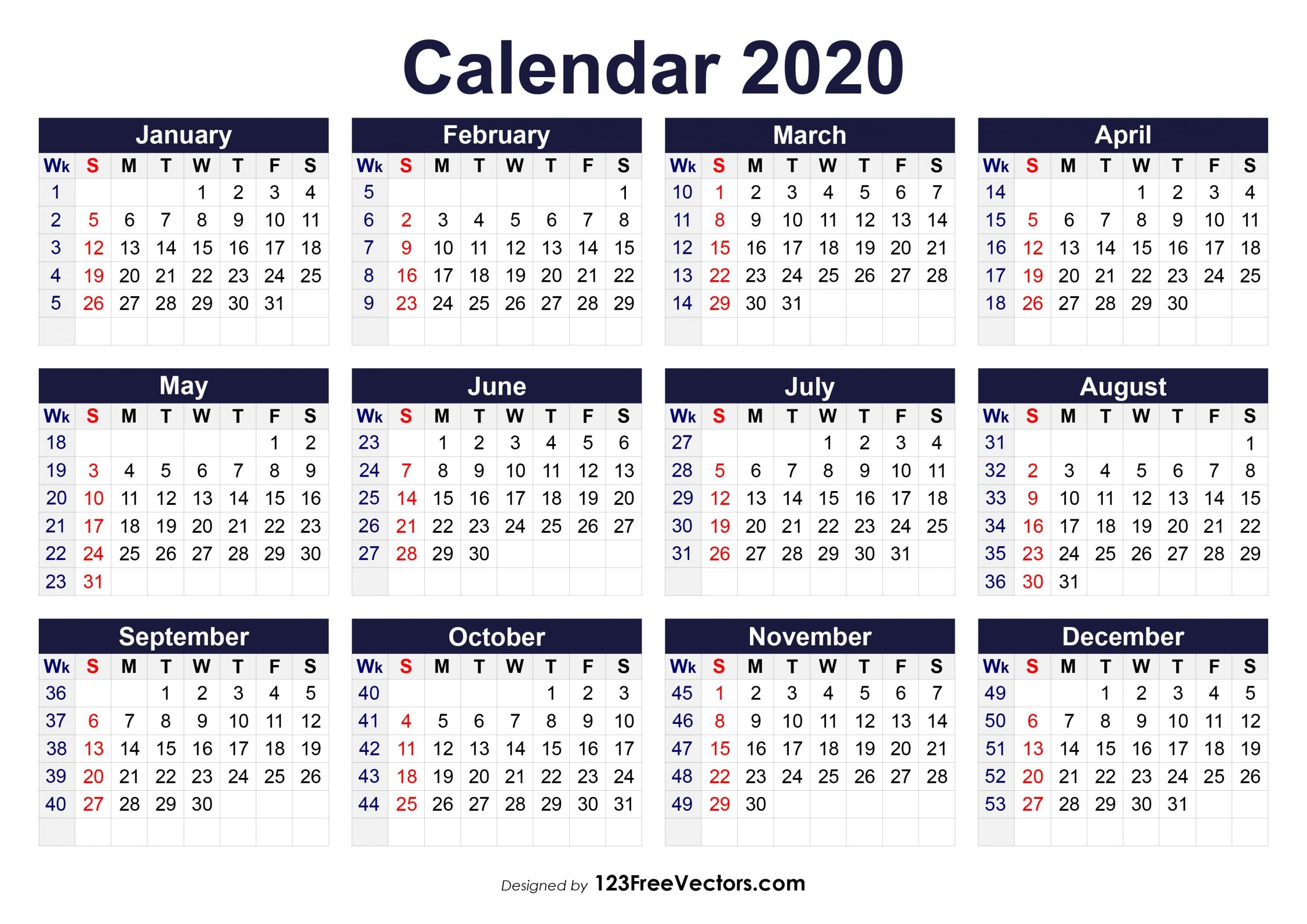 free printable 2020 calendar with week numbers