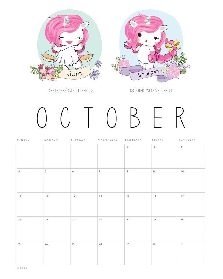 free printable 2020 zodiac sign kawaii unicorn calendar