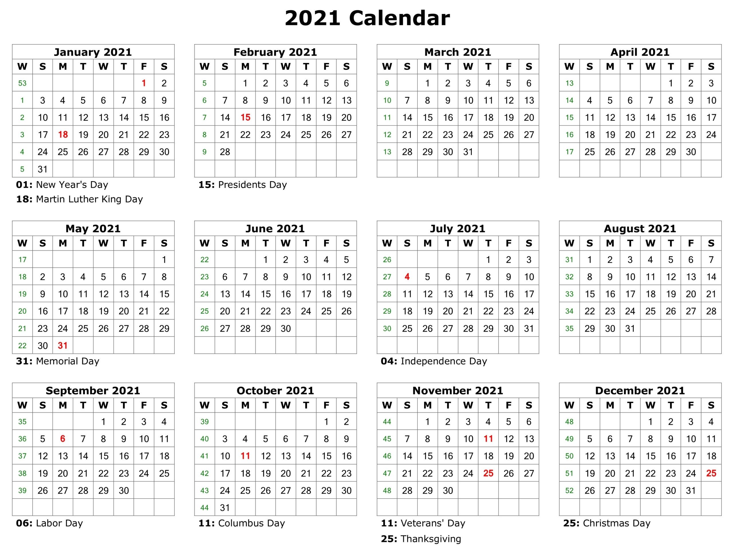 free printable 2021 calendar with holidays in word | free