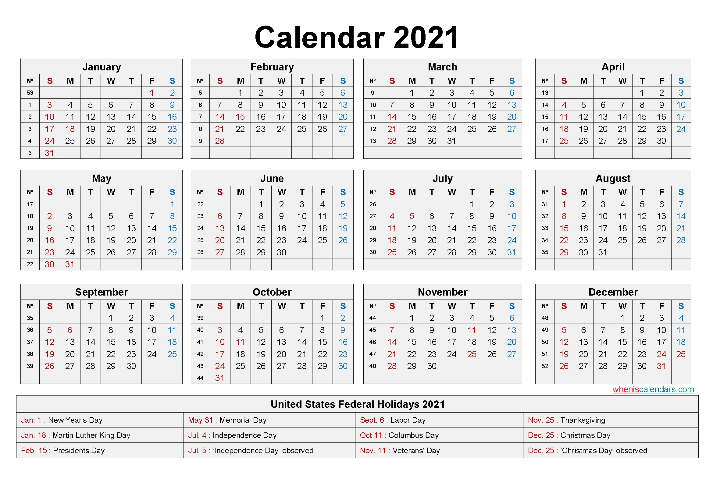 Free Printable 2021 Monthly Calendar With Us Holidays