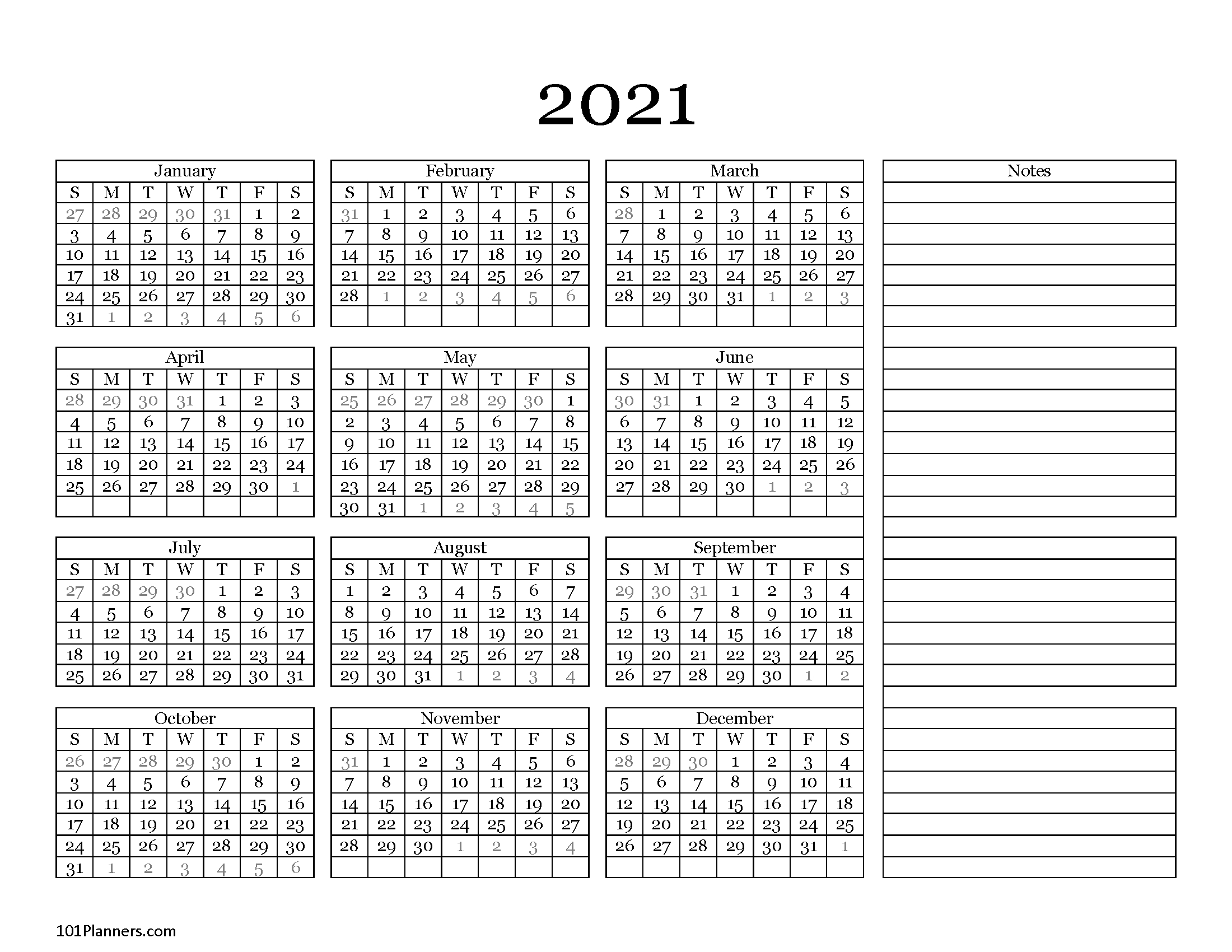 free printable 2021 yearly calendar at a glance | 101