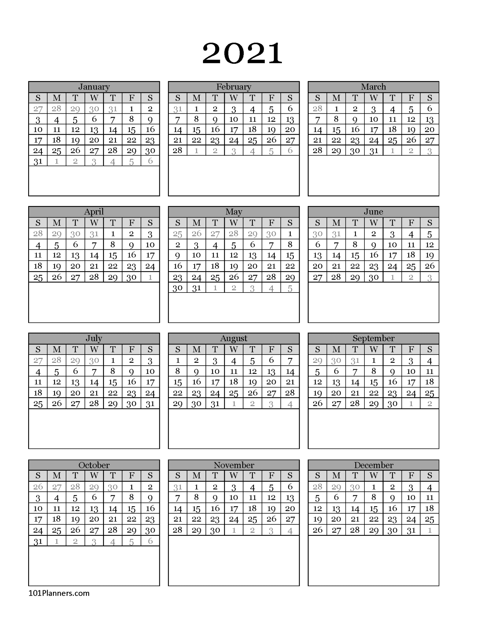 free printable 2021 yearly calendar at a glance | 101