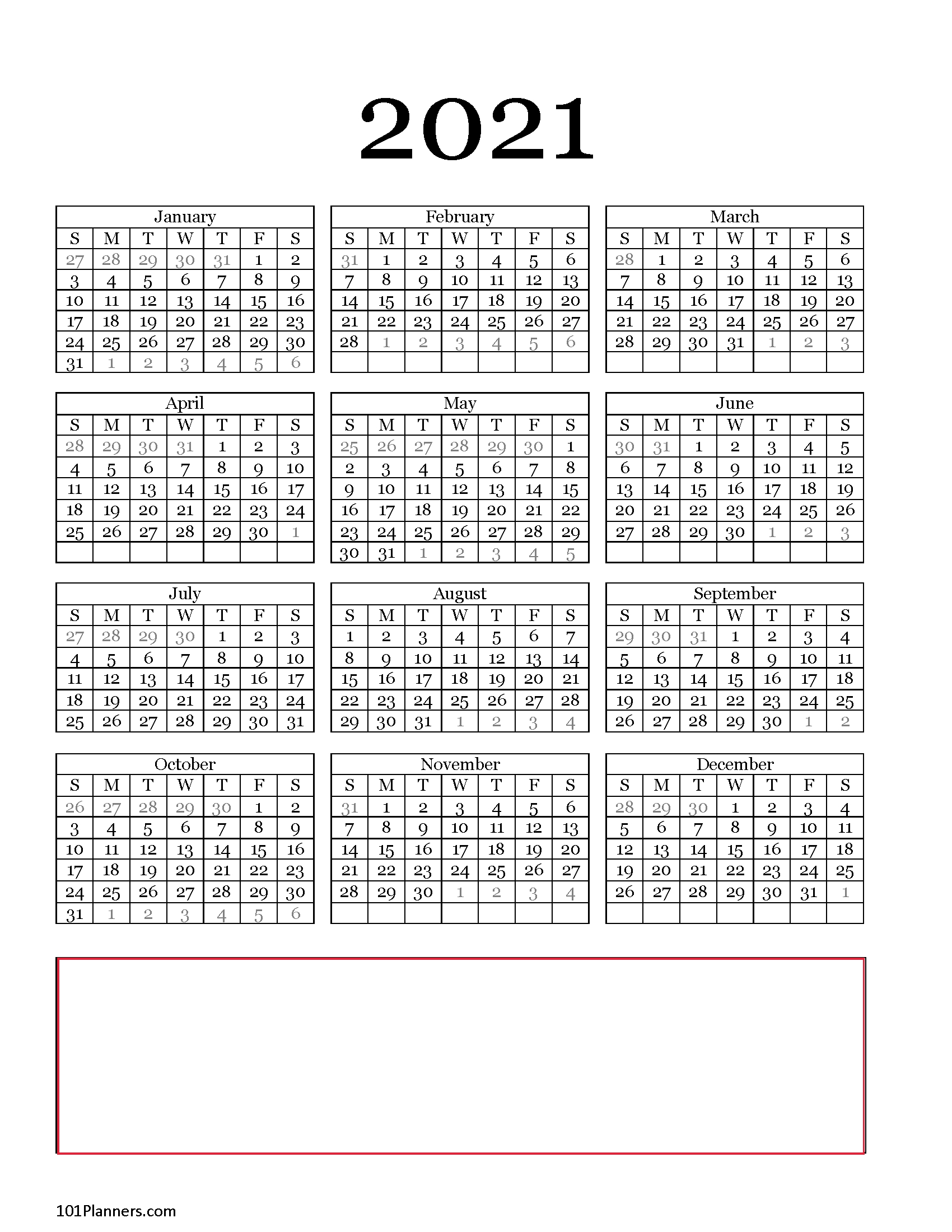 free printable 2021 yearly calendar at a glance | 101