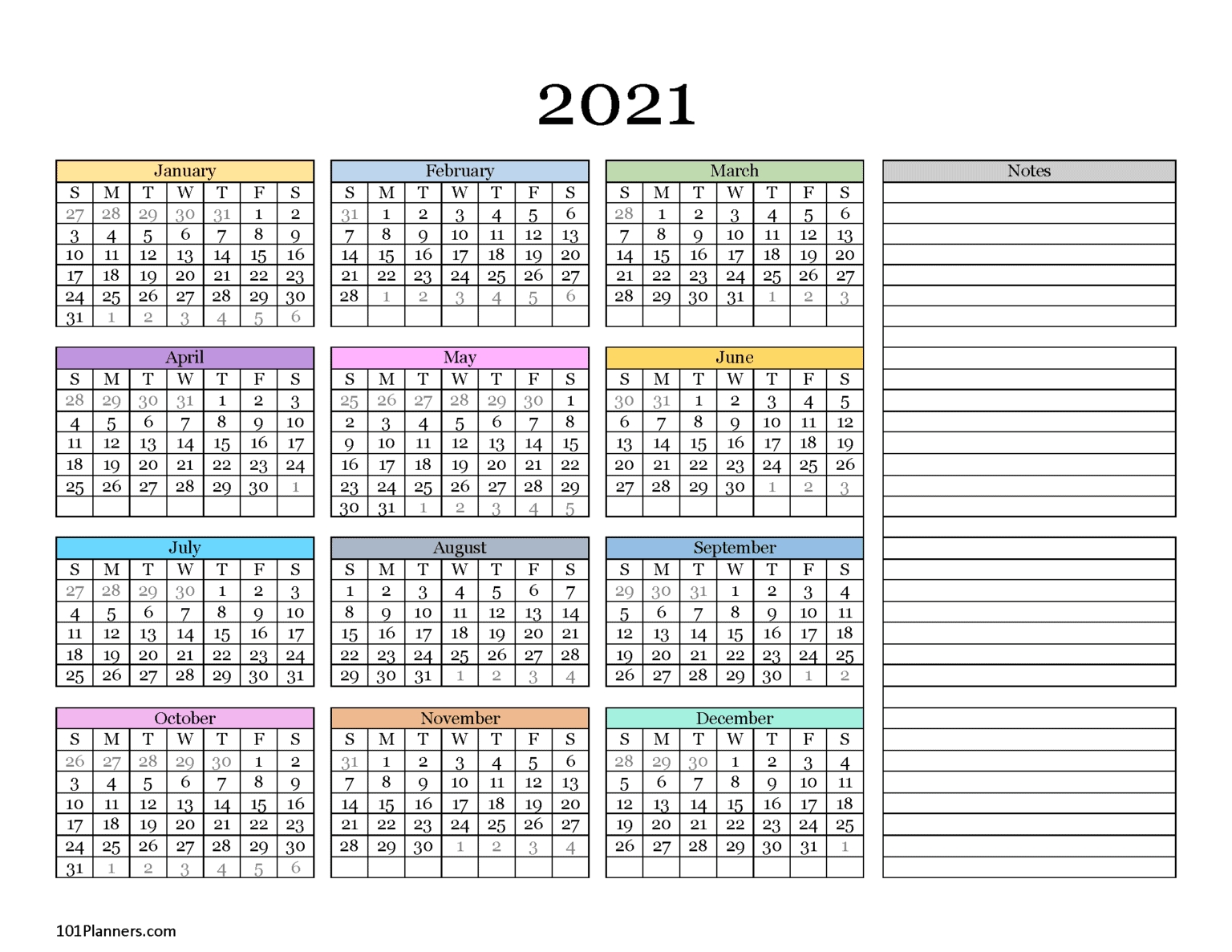 free printable 2021 yearly calendar at a glance | 101