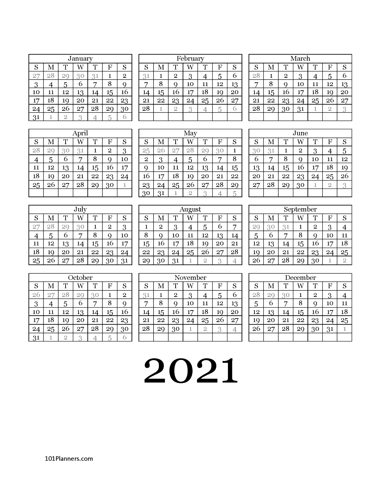 free printable 2021 yearly calendar at a glance | 101