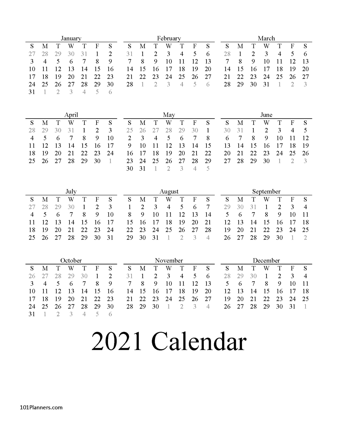 free printable 2021 yearly calendar at a glance | 101