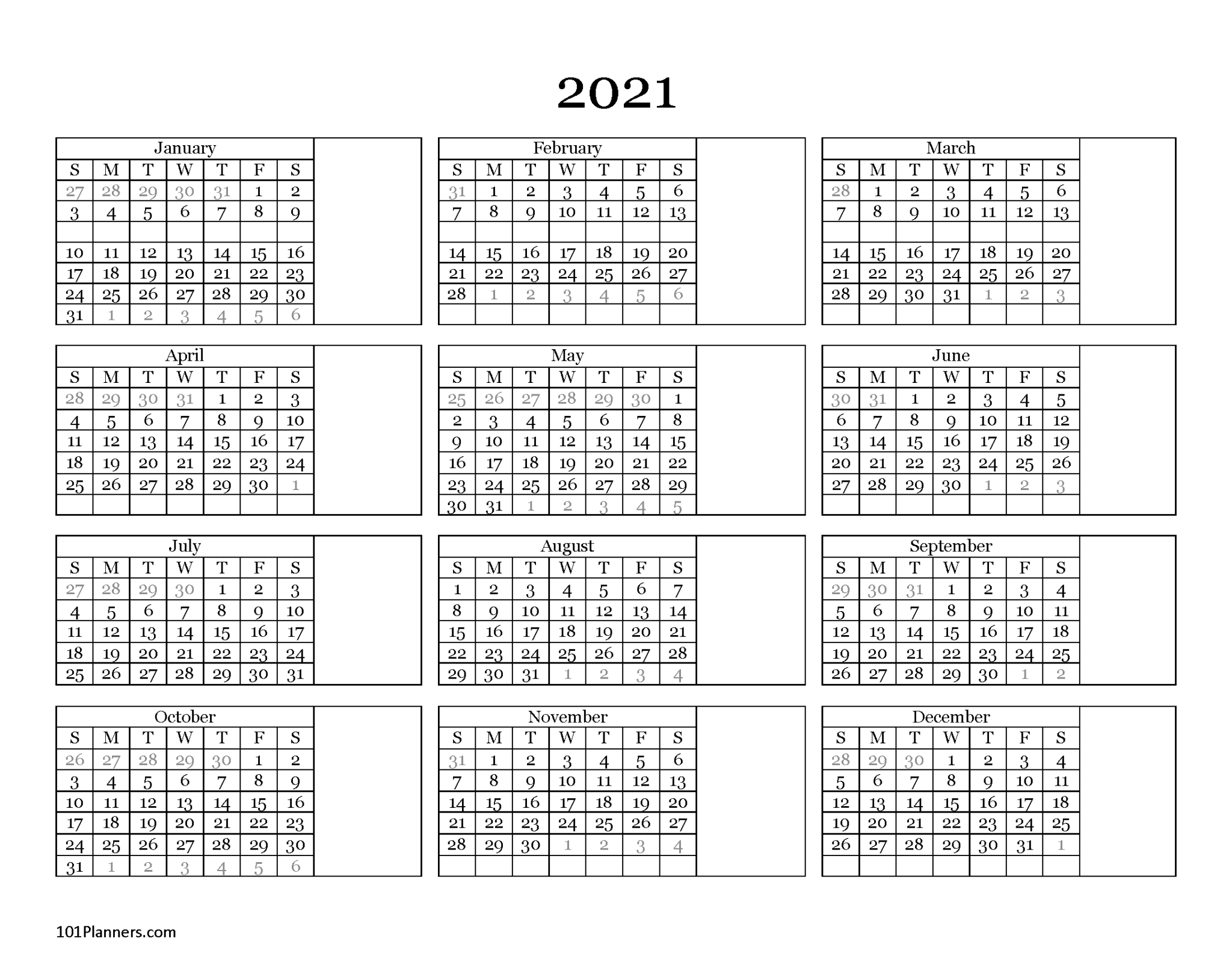 free printable 2021 yearly calendar at a glance | 101