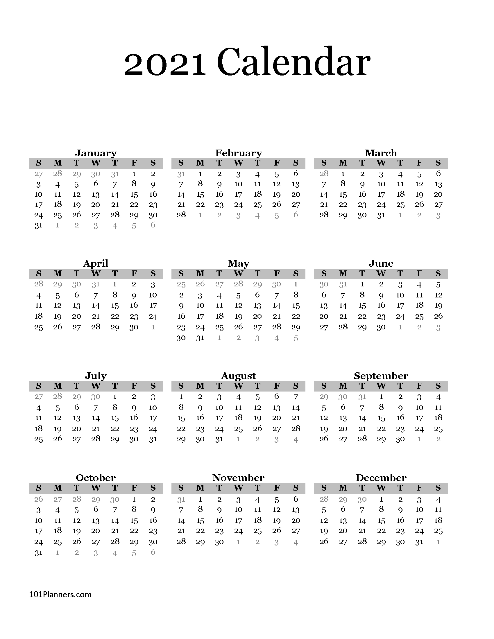 free printable 2021 yearly calendar at a glance | 101