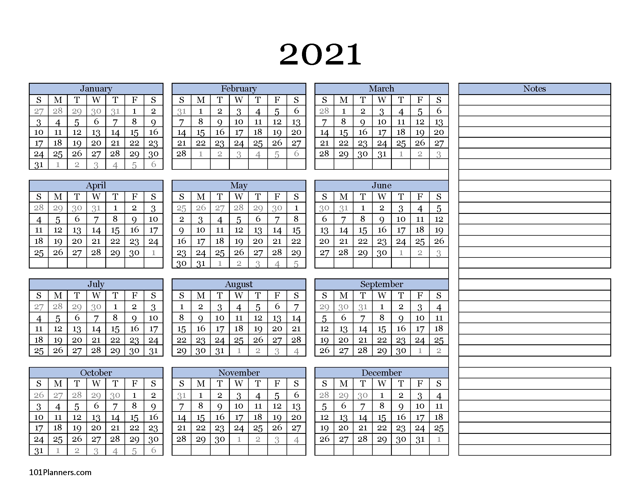 free printable 2021 yearly calendar at a glance | 101