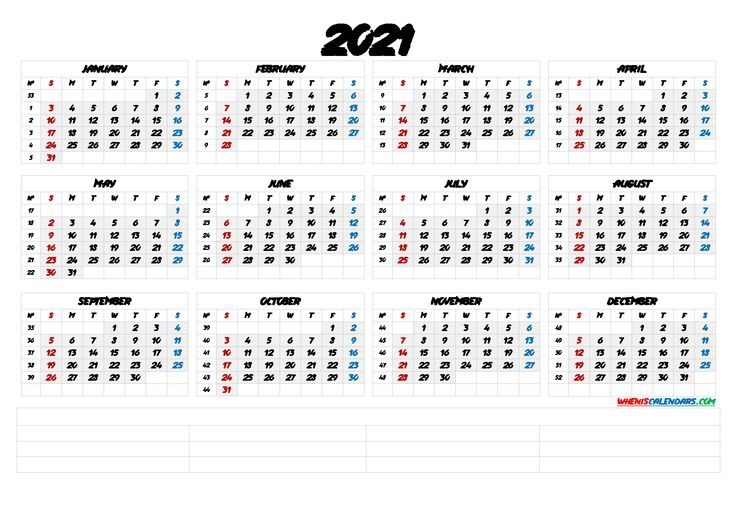 free printable 2021 yearly calendar with week numbers