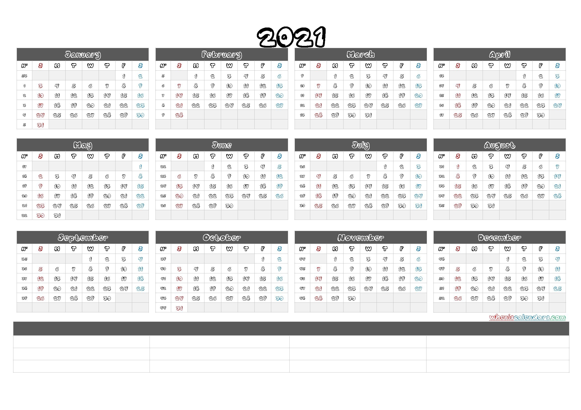 free printable 2021 yearly calendar with week numbers