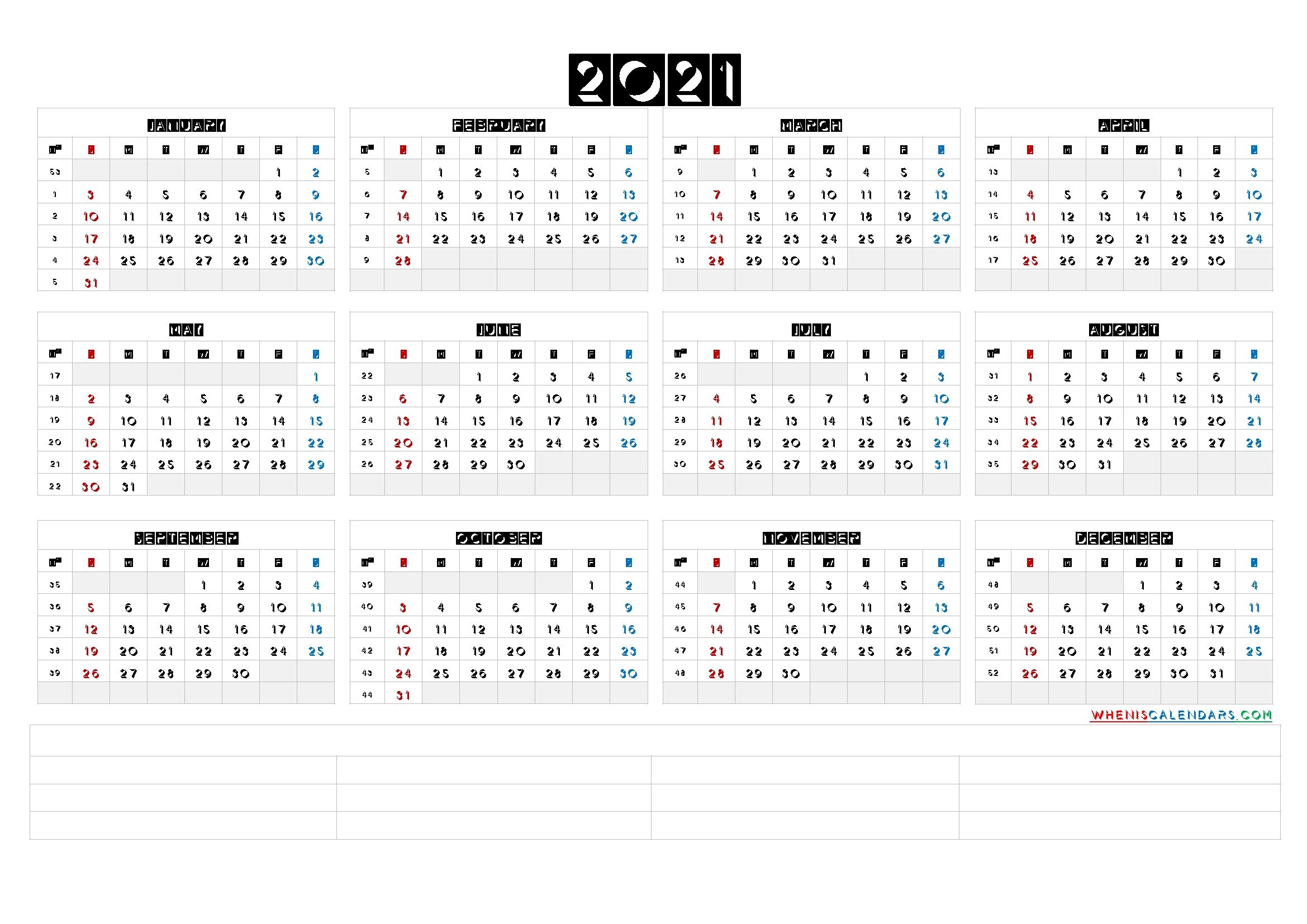 Free Printable 2021 Yearly Calendar With Week Numbers (6